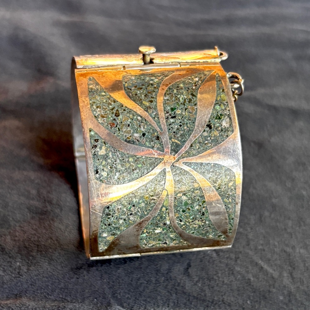 CASTANEDA: Vintage Sterling Silver Cuff with Crushed Turquoise Stone Inlay